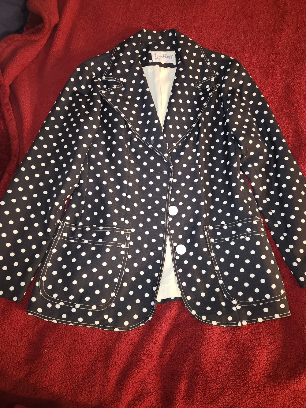 Three Flaggs  Navy and White Polka Dot Blazer Jacket